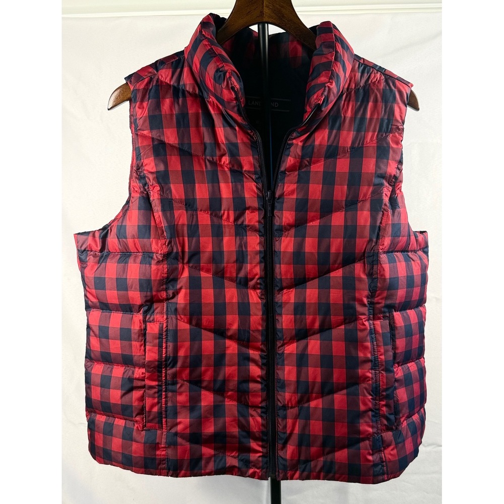 Lands End Women XL Red Buffalo Plaid Down Puffer Vest Winter Cabin Core Preppy